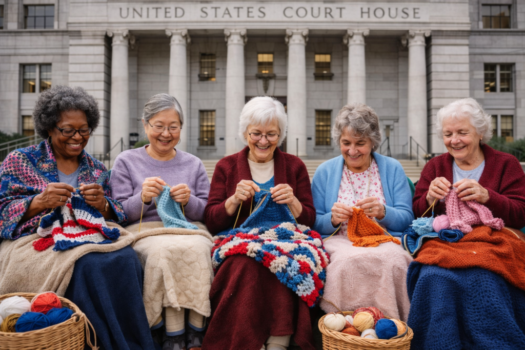 Grandmas sitting in front of the courthouse knitting.